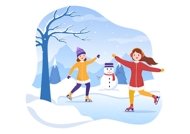 Ice Skating Hand Drawn Cartoon Flat Illustration of Winter Fun Outdoors Sport Activities on Ice Rink