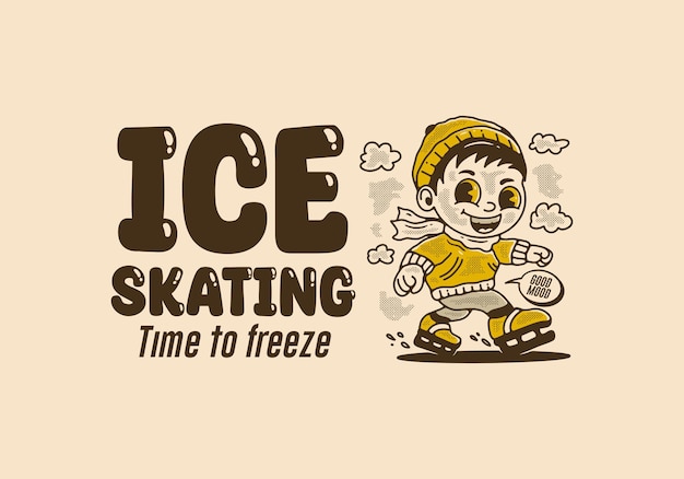 Ice skating time to freeze mascot character illustration of a little boy playing ice skate in vintage style