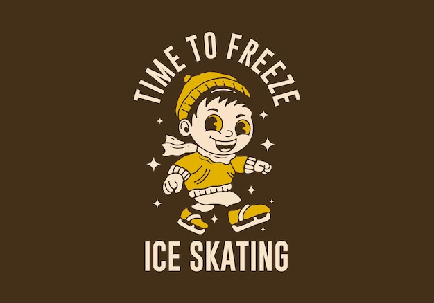 Ice skating time to freeze mascot character illustration of a little boy playing ice skate in vintage style