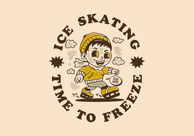 Ice skating time to freeze mascot character illustration of a little boy playing ice skate