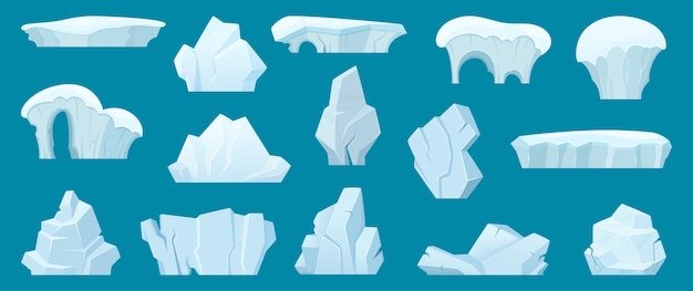 Iceberg. paesaggio artico con rocce di ghiaccio bianco freddo nella collezione di cartoni animati di acqua dell'oceano.