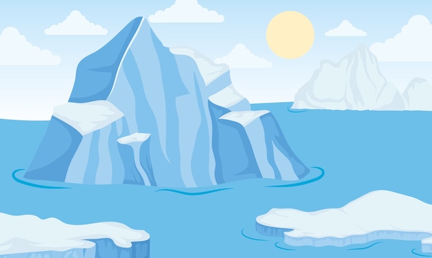 氷山ブロックと太陽の北極のシーンの風景