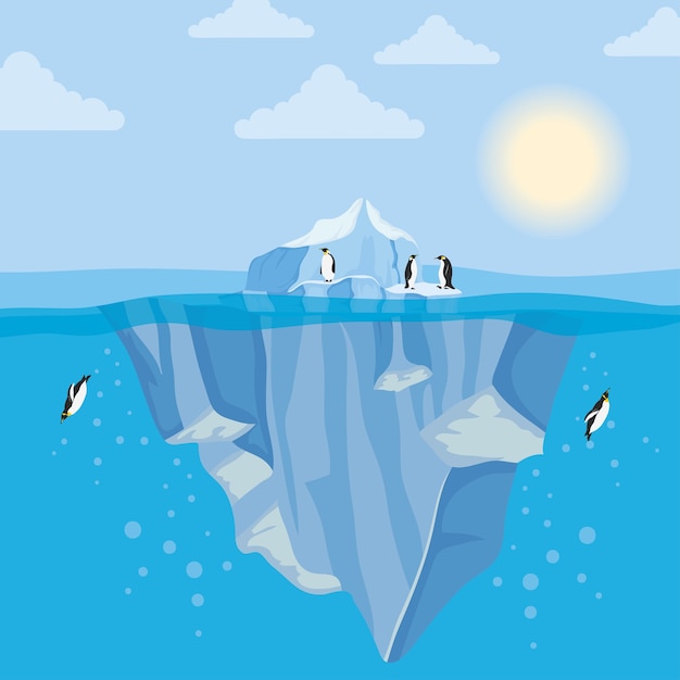 Vector iceberg block arctic night scene with penguins swiming