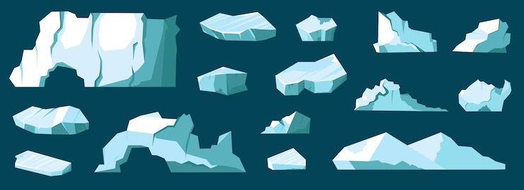 Vector iceberg floating glaciers ice cubes and blocks arctic and antarctic landscape elements icy crystal rocks in cold water winter decorative objects vector cartoon flat s isolated illustration
