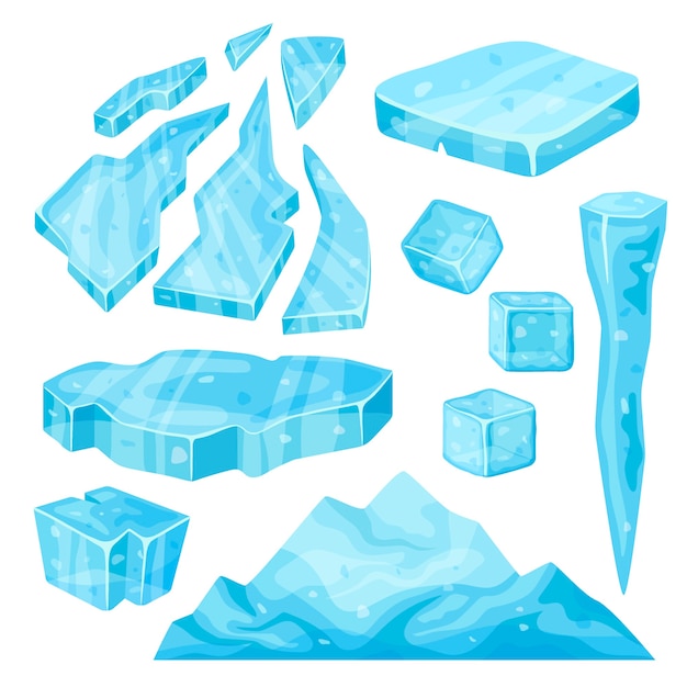 Vector iceberg, icicle, ice cube and broken pieces.