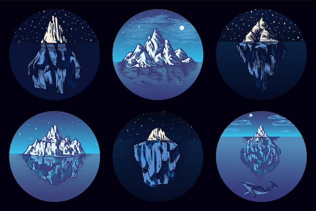 Вектор Айсберг в океане набор наклеек большой кусок горного ледника, плавающий в северных водах выгравированный вручную винтажный эскиз для эмблемы, веб-логотипа, баннера или футболки изолированная иллюстрация
