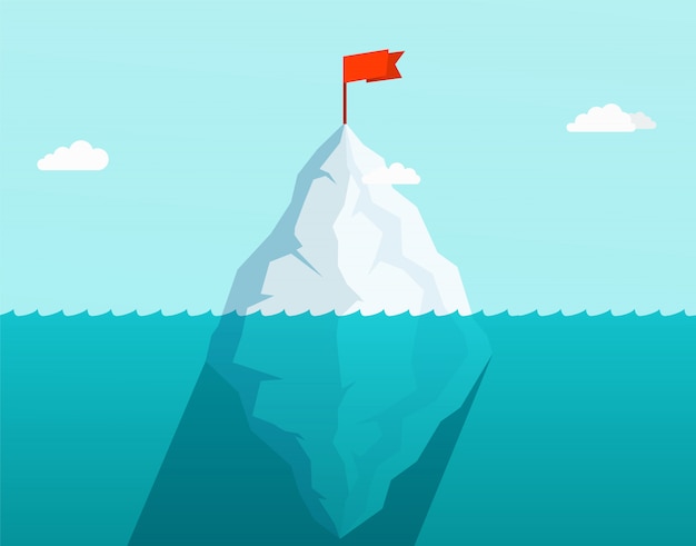 Iceberg in ocean floating in sea waves with red flag on top. Business concept.