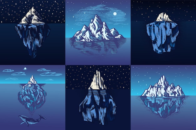 Vettore iceberg nell'oceano set un grande pezzo di un ghiacciaio di montagna che galleggia nell'acqua settentrionale schizzo vintage disegnato a mano inciso per emblema web logo banner o maglietta illustrazione isolata