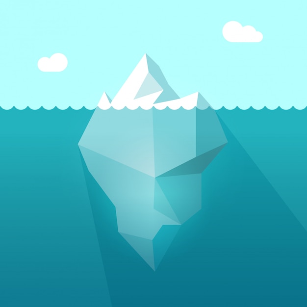 Iceberg in ocean water with underwater part flat cartoon