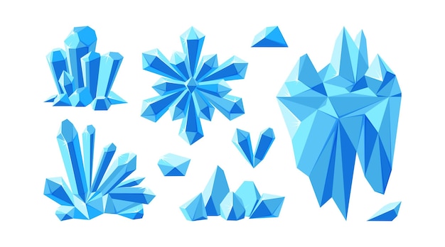 Iceberg with crystals and snowflake for arctic landscapes set of crystal gems and stones for games