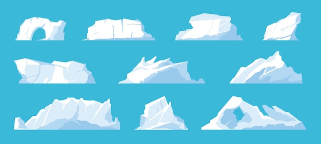 Icebergs. arctic and north pole landscape elements, melting ice mountains and glaciers, snow caps and freeze ocean. vector set illustration