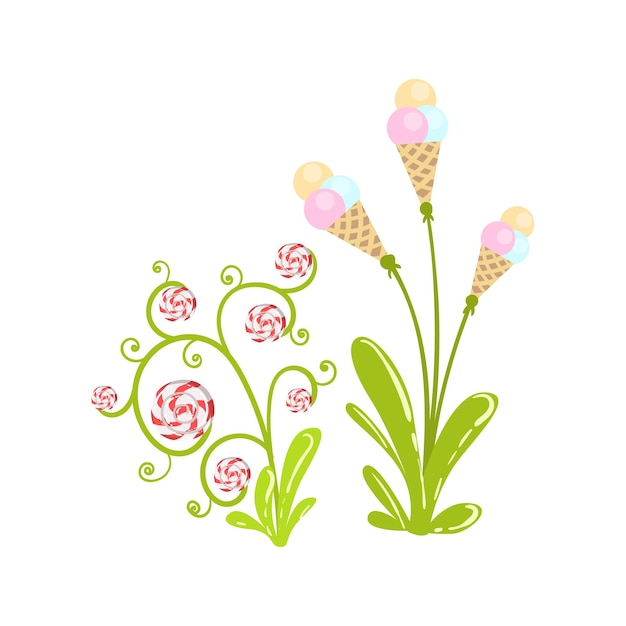 Vector icecream and hard candy flowers fantasy land sweet landscape element