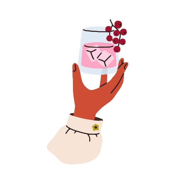 iced berry cocktail in glass hand holding raising up alcohol drink party beverage celebrating sweet shot fruit refreshment lemonade flat vector illustration isolated on white background