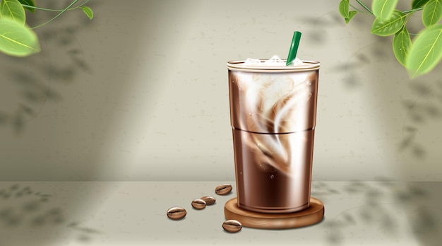 Vector iced coffee latte in plastic cup on natural green color background