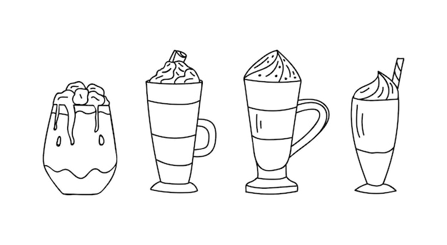 Iced coffee with milk doodle illustration set in vector Milkshakes doodle illustrations