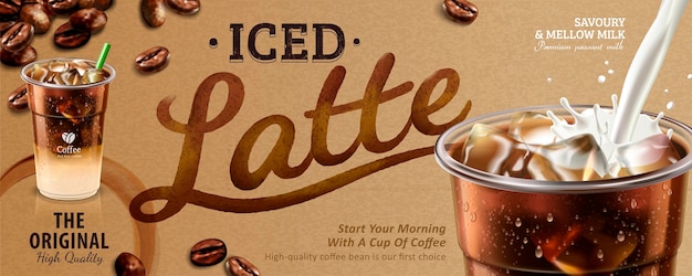 Iced latte banner, koffie op kraftpapier