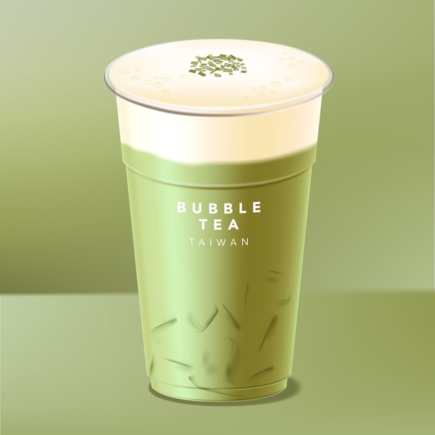 Vector iced taiwanese bubble tea, green tea, matcha with cream, cheese or milk cap