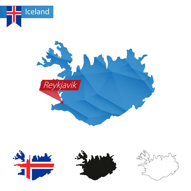 수도 레이캬비크와 아이슬란드 블루 로우 폴리 지도