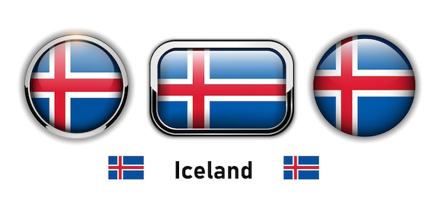 Iceland flag buttons, 3d shiny vector icons.