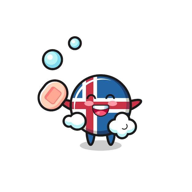 Iceland flag character is bathing while holding soap