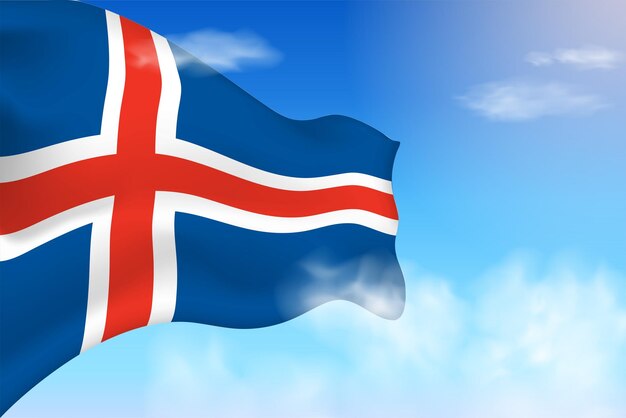 Iceland flag in the clouds. Vector flag waving in the sky. National day realistic flag illustration.