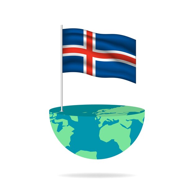 Iceland flag pole on globe. Flag waving around the world. Easy editing and vector in groups.