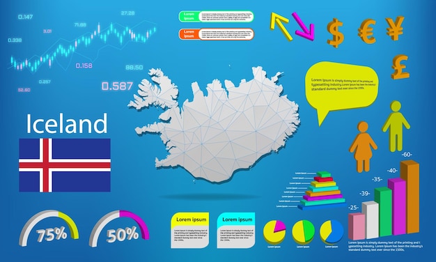 Вектор Информация о карте исландии, графические диаграммы, элементы символов и коллекция значков подробная карта исландии с высококачественными элементами бизнес-инфографики