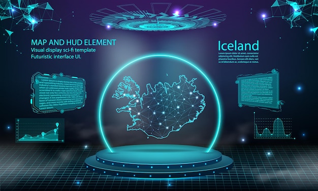 Islanda mappa luce effetto di collegamento sfondo astratto tecnologia digitale ui gui hud futuristico interfaccia virtuale con la mappa dell'islanda stage podio futuristico nella nebbia