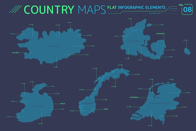 Iceland Norway Ireland Netherlands and Denmark Vector Maps