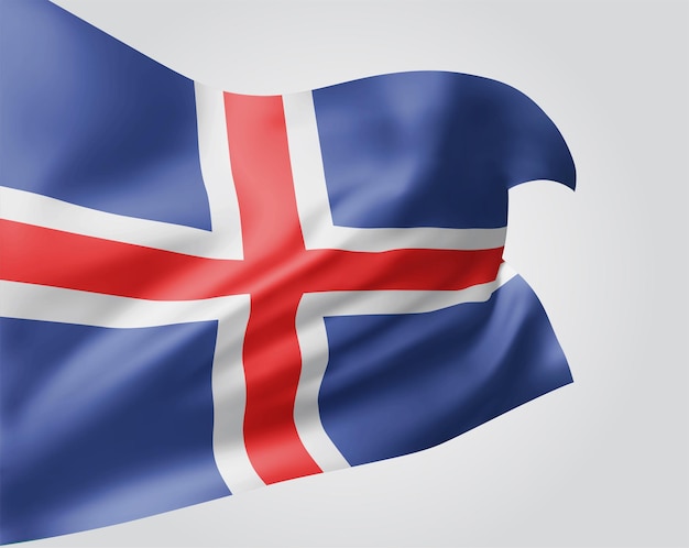 Iceland, vector flag with waves and bends waving in the wind on a white background