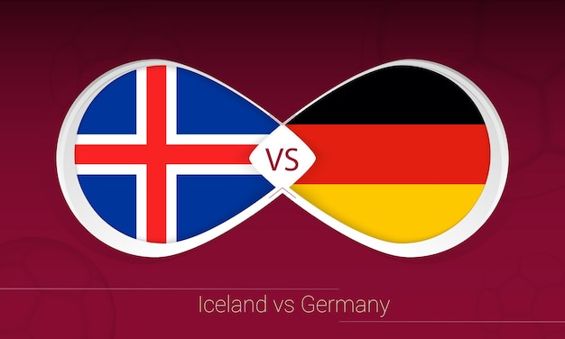 Исландия против германии в футбольном соревновании, значок группы j. versus на футбольном фоне.