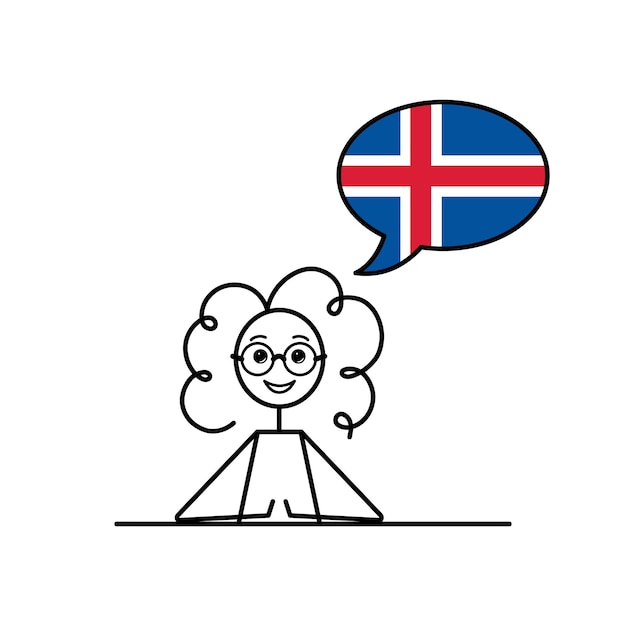 아이슬란드 발의 색상에서 언어 거품과 함께 아이슬란드어를 말하는 만화 소녀 여성 캐릭터 아이슬란드어 언어 학습 터 일러스트레이션 검은 선 간단한 스케치