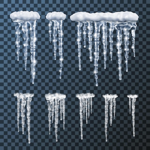 Icicles set snow caps winter decor elements Realistic vector illustration