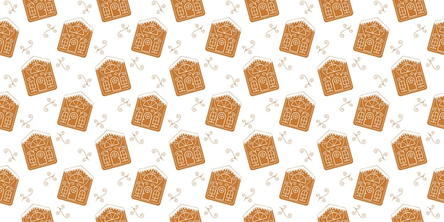 Vector icing gingerbread houses background ornamented biscuit cookies seamless pattern