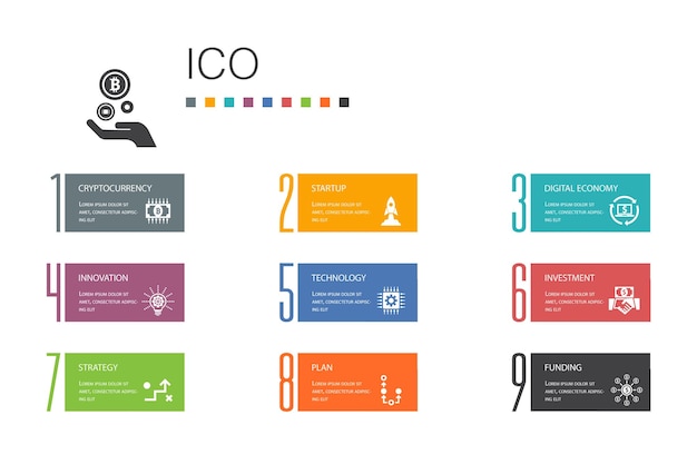 Ico infografica 10 linea di opzioni concept.criptovaluta, avvio, economia digitale, icone semplici di tecnologia