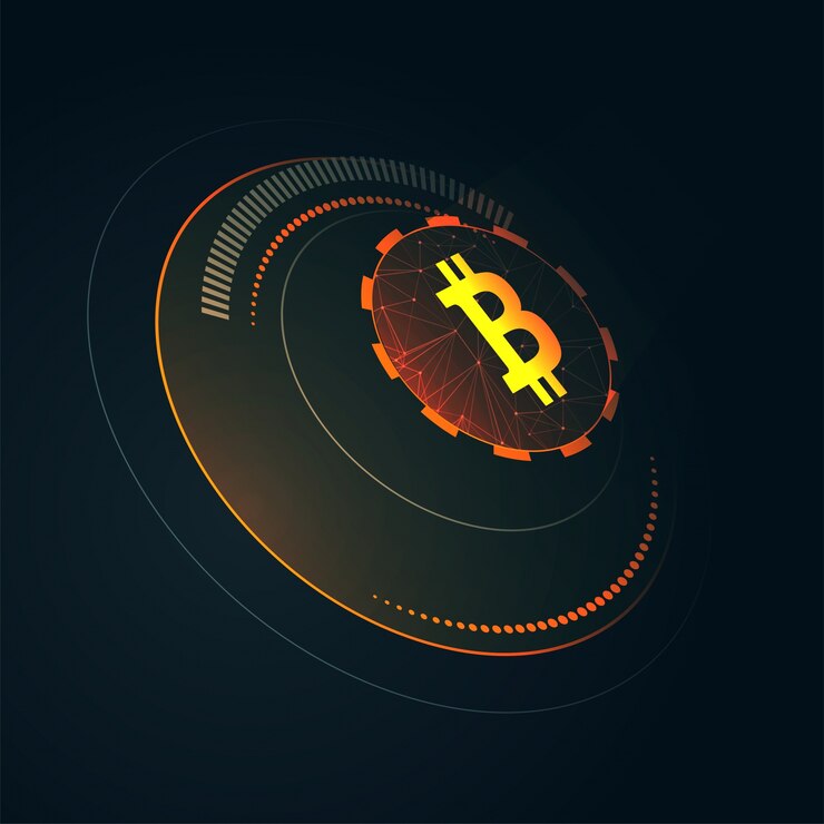 Vector ico initial coin offering hud background with golden bitcoin. 