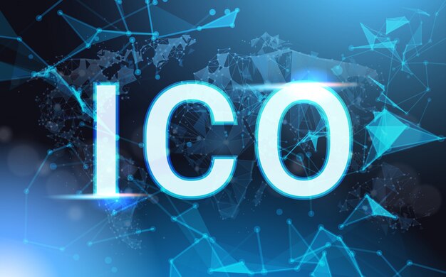 Ico sign over futuristic low poly mesh wireframe initial coin offering concept