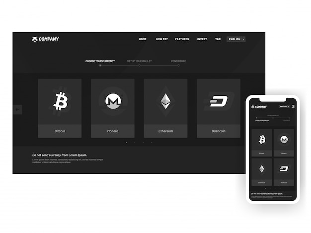 Modello di pagina di destinazione del sito web ico in versione desktop o mobile.