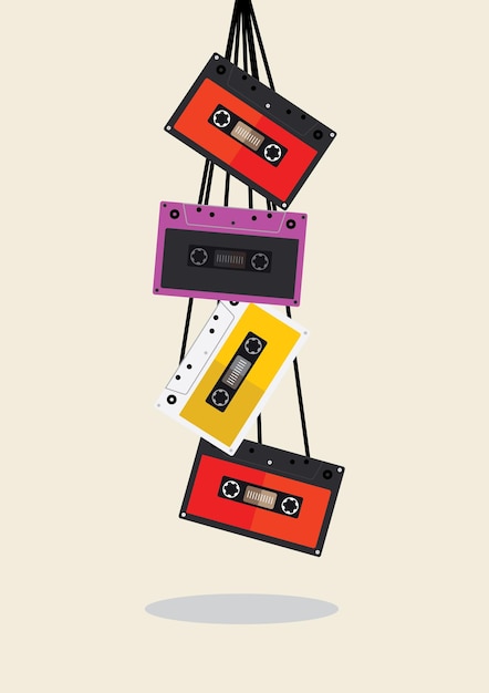 Vettore cassette audio a icona utilizzando auricolari o cuffie con illustrazione vettoriale in stile retrò stile 1990 adatto per icona web simbolo del logo icona podcast