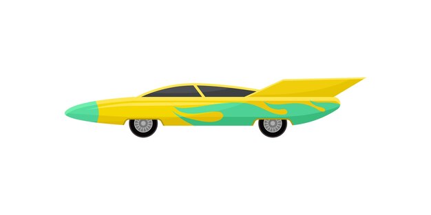 Vector icon of bright yellow racing car with green wrap decal side view fast sports vehicle with tinted windows and spoiler graphic element for mobile game flat vector design isolated on white background