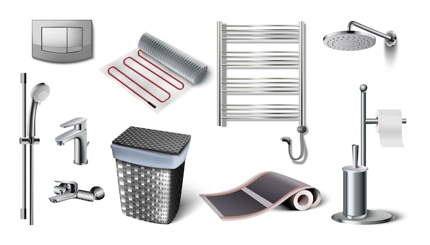 Icon collectie badkameraccessoires. wc-knop, kledingmand, batterij centrale verwarming, douchekop, kraan, vloerverwarming.