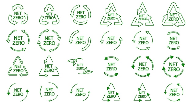 Vettore collezione di icone con simbolo a emissioni zero concetto di gas serra set di design di crediti di carbonio riciclaggio proteggere il vettore ecologico verde carbonio netto zero neutrale naturale impronta di carbonio rinnovabile arte