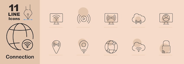 Icon Connection set Globe monitor play cloud gebruiker wifi locatie internet netwerk beveiliging communicatietechnologie online digitale streaming wereldwijde multimedia gegevens informatie