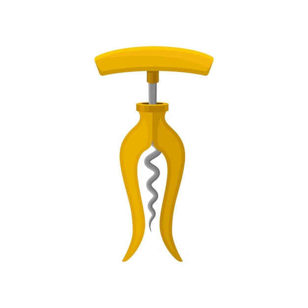 밝은 노란색 손잡이와 나선형 금속 막대가 있는 코르크 따개 아이콘 병에서 코르크를 당기는 장치 부엌 항목 흰색 배경에 격리된 다채로운 평면 그림 만화 벡터 디자인