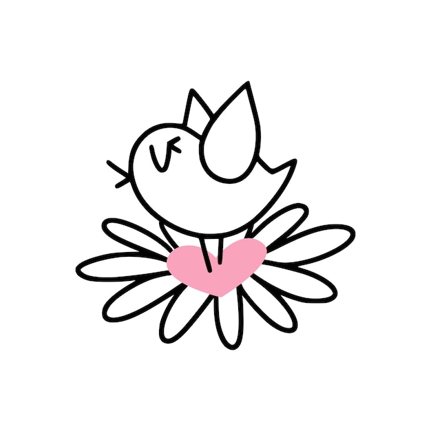 Vector an icon of cute little bird on flower with heartshaped core