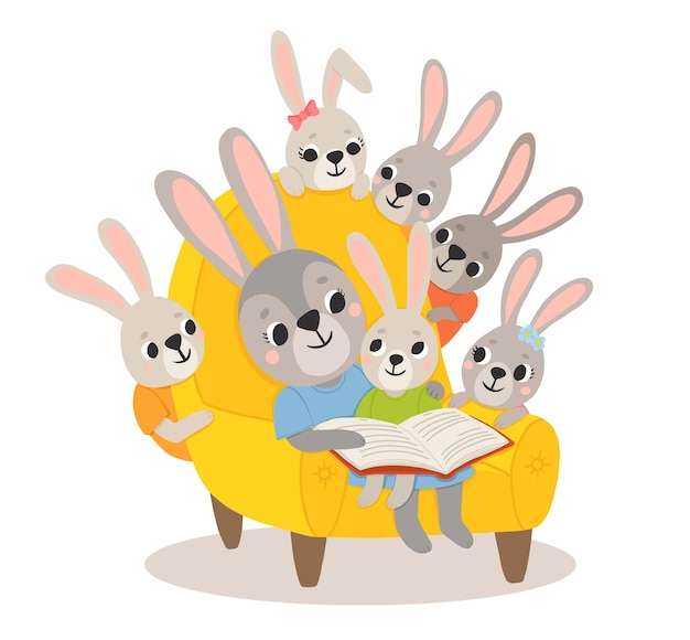 Vector icon of cute mommy and baby rabbits reading book in cartoon style bunny pet silhouette hare mom and kid colorful illustration for childrens book postcards and posters