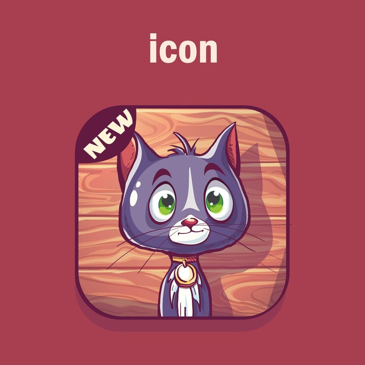 Vector icon a cute purple cat with green eyes and a medallion