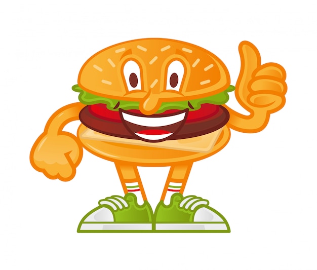 Icon cute smile cartoon character american hamburger which stand and show thumb up like it.