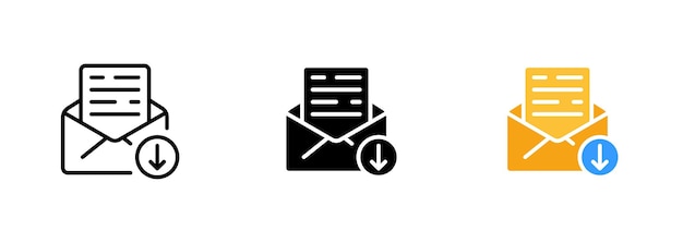 Иконка конверта или письма с символом загрузки или загрузки внутри него Векторный набор иконок в черном и цветном стиле изолированы