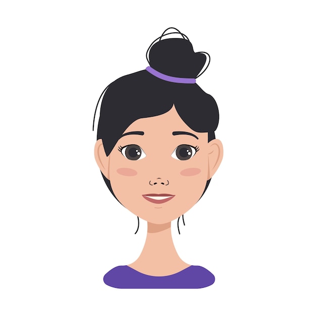 Icon of facial expressions avatars of an asian woman with dark hair. Different female emotions. Attractive cartoon character. Vector illustration